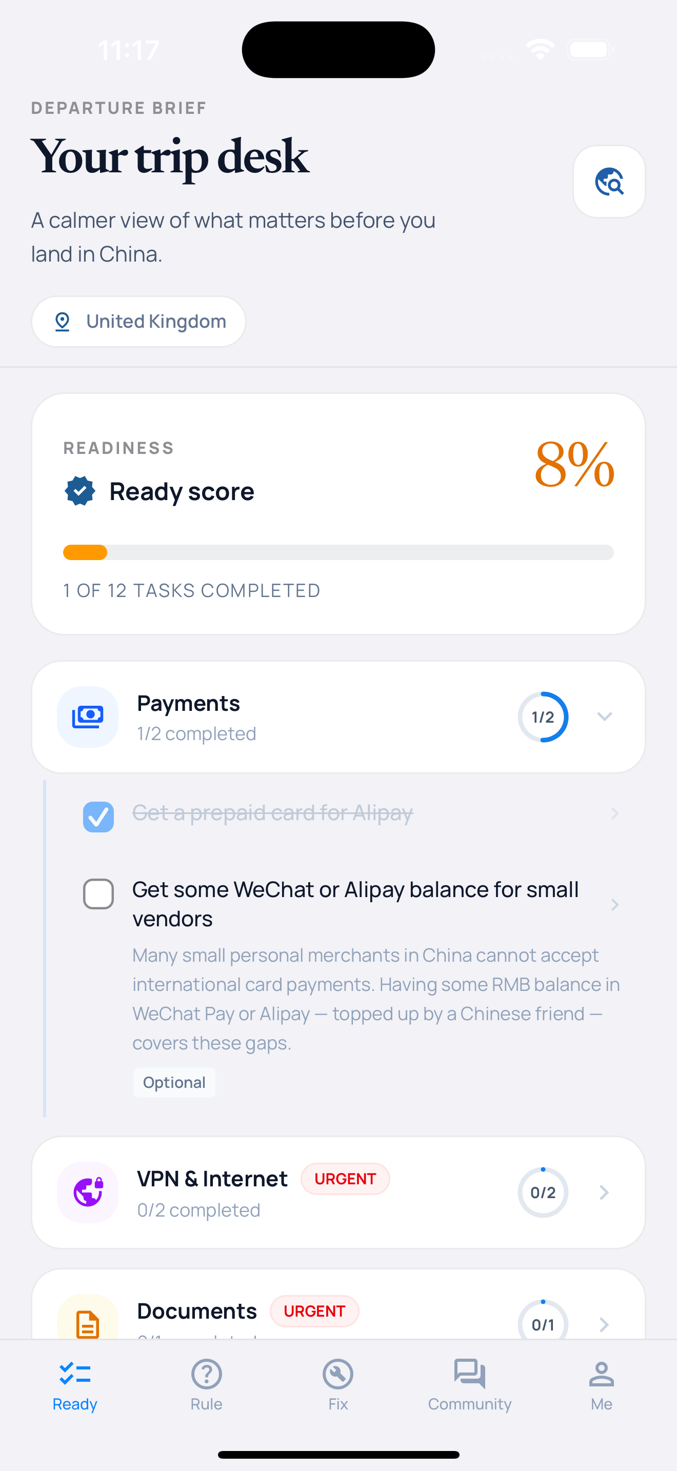 ChinaReady onboarding screen